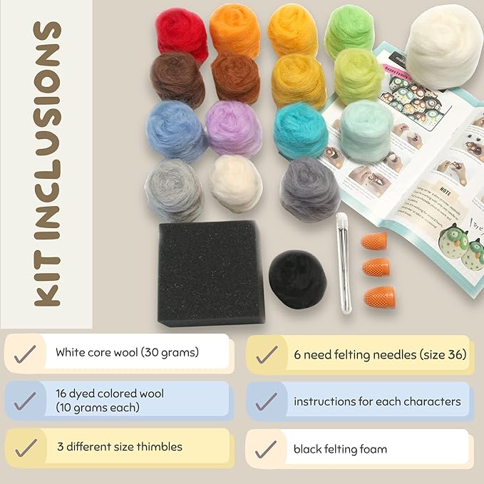 Woolbuddy Needle Felting Wool Kit – Starter Set to Make 6 Cute Animals – Includes Wool, Pad, Needles & Instructions for Beginners and Adults