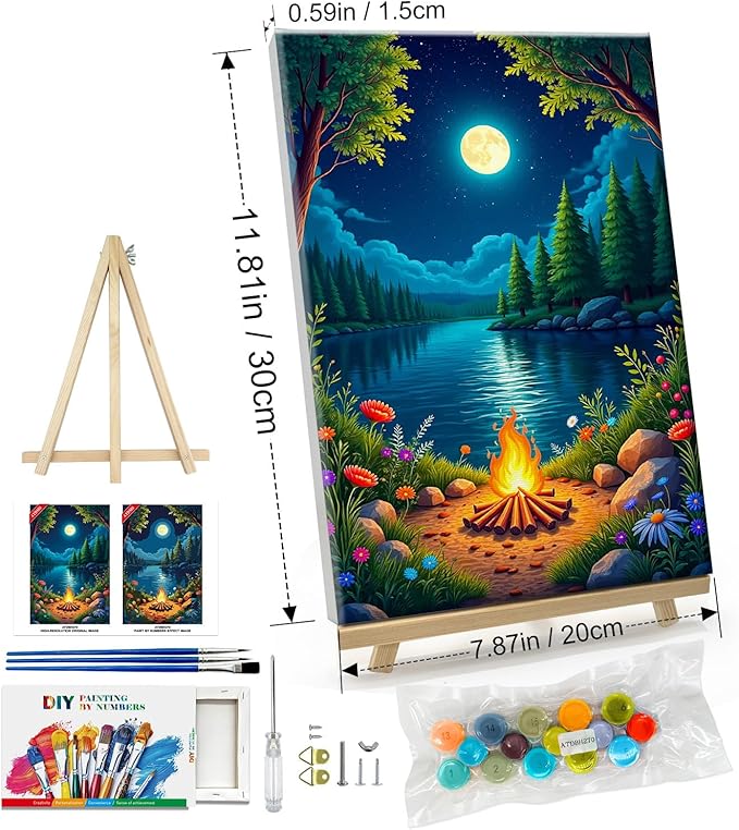 ATDMS Landscape Paint by Numbers Kit for Adults with Frame Moon Paint by Number with Easel Lake Adult Paint by Number Kits Framed Canvas DIY Oil Painting by Numbers for Gift Home Wall Decor 8x12 Inch