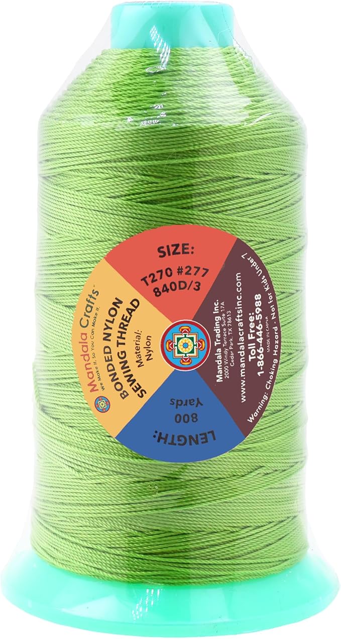 Mandala Crafts Size 277 840D T270 Bonded Nylon Thread - Apple Green 800 YDs Tex 270 Heavy Duty Sewing Threads for Leather, Jeans, Weaving, Outdoor Marine Upholstery