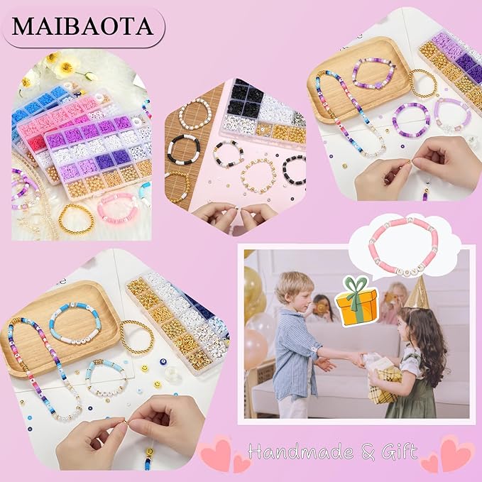 MAIBAOTA Red Clay Beads Kit for Bracelets Making Red Beads for Jewelry Making Friendship Bracelet Heishi Beads Kit for DIY Crafts (with Letter Gold Beads