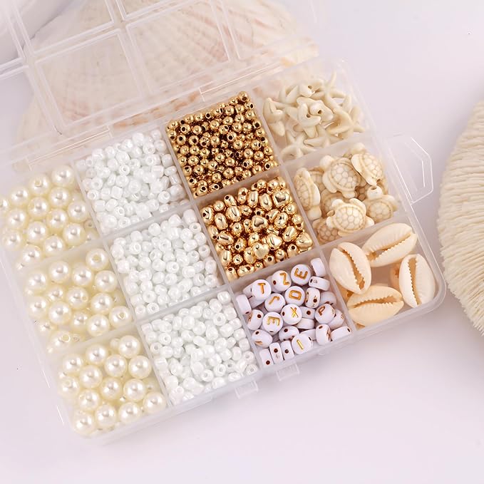 Assorted Beads for Jewelry Making DIY Crafts Bracelet Making Kit with Natural Shells, White Color Turquoise Turtles Starfish Beads for Summer Beach Bracelet Necklace for Women(1000pcs 8 Styles)