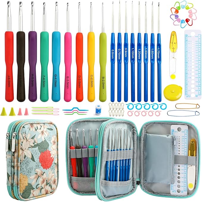 Looen Crochet Hooks Set-Yarn Needles Coloured Aluminum with Storage Case Rubbery Handle Ergonomic Comfort Grip DIY Craft Handmake Kit 47pcs