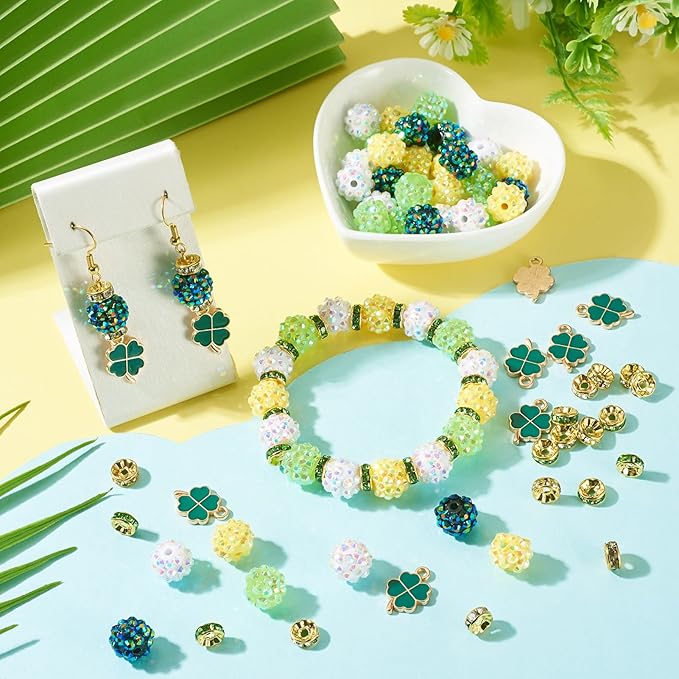 Cheriswelry St.Patrick's Day Jewelry Making Kit Green Clover Four Leaf Pendants Clay Disco Ball Beads Flat Round Rhinestone Spacer Bead for DIY Bracelet Necklace Earring Crafts 137Pcs/Set