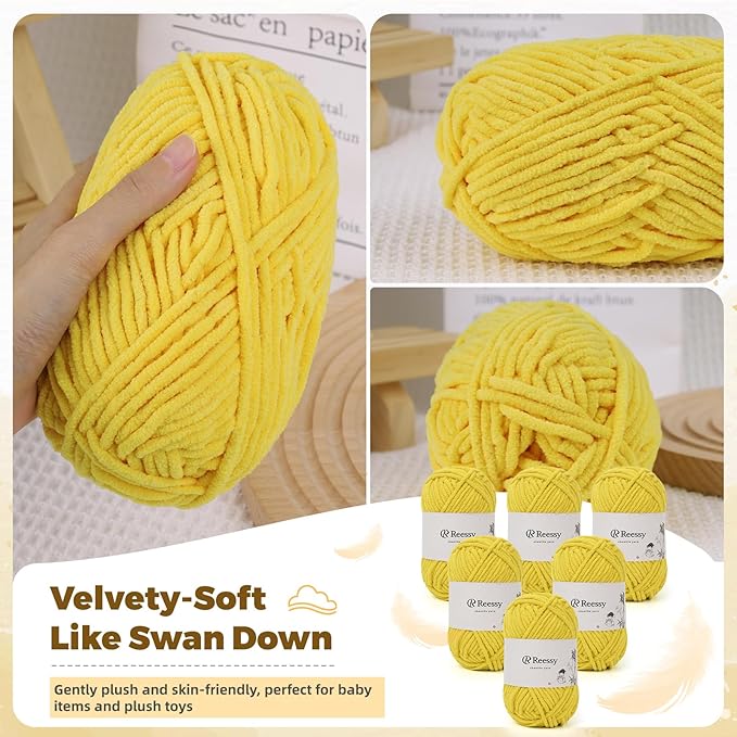 Bulky Chenille Yarn for Crocheting – 6 Pack of 50g/1.76oz Skeins, Pure Polyester, CYC #5 Bulky Weight – Ultra Soft Chenille Yarn Pack for Crafting Plush Toys, Blankets, Scarves(Sunlit Gold)
