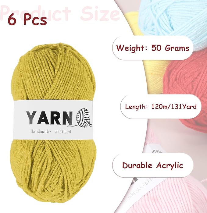 6Pcs Deep Yellow Acrylic Yarn 790 Yard 4 Ply Soft Crochet Yarns Sport Weight Yarn,[for DIY Crocheting Knitting Craft Blankets Hats]-300g