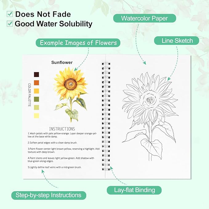 Floral Watercolor Workbook for Beginners with 24 Colors Paint Set – Water Coloring Book with 12 Flower Designs, Step-by-Step Painting Guide, Relaxing Watercolor Workbook Art Kit for Adults Teens