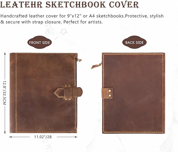 Leather Sketchbook Cover for A4/9"x12" sketch pads - Handmade Genuine Leather Artist Case with Pencil Holder & Zipper Pocket, Professional Drawing Supplies(Brown, 9"x12")