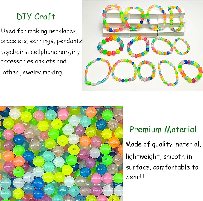 1016Pcs Glow in The Dark Round Beads, 6mm 8mm 10mm Luminous Round Bead Acrylic UV Color Changing Bracelet Beads Sun Sensitive Plastic Glow Bead Bulk for Jewelry Making Bracelets Necklace
