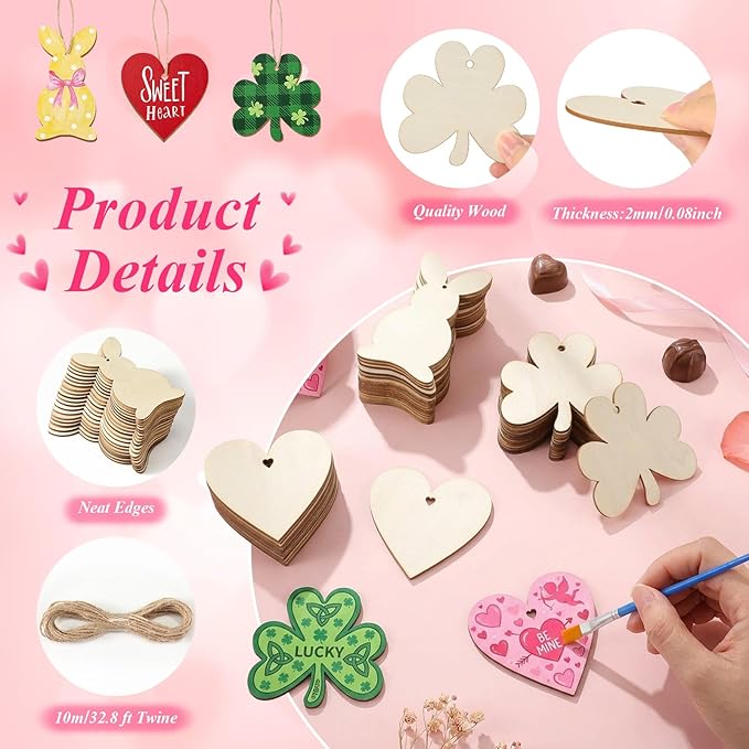 Novabright 60 Pcs St. Patrick's Day Wood Shapes for Crafts Blank Shamrock Bunny Heart Ornament to Paint Wooden Art Craft Supplies Painting Kit for Teen Party, Holiday Garland Hanging Decorations