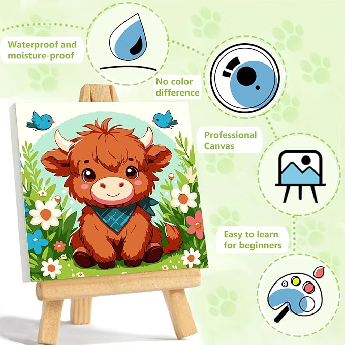 Reivworl Paint by Numbers Kit for Kids with Frame and Easel, Cow Paint by Number for Kids Age 6-8-12, Acrylic Paint by Numbers for Gifts and Home Decor (8X8inch)
