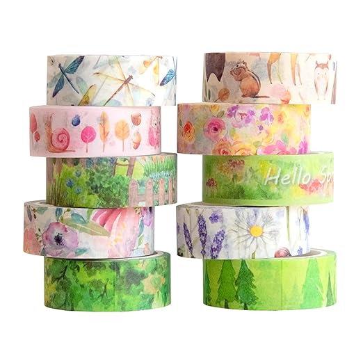 Spring Washi Tape Set 10 Rolls - Green Grass Flowers Masking Decorative Tapes for Bullet Journal, Planner, DIY Arts Crafts, Scrapbooking Party Favors (Spring)