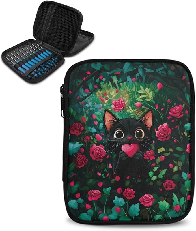Hechitok Black Cat Heart Rose Crochet Hook Case Zipper Storage Organizer Bag with Pockets for Various Crochet Needles/Knitting Accessories/Crochet Hook Kit Tools