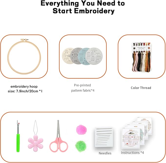 JOINRUN 4 Pack Beginner Embroidery Kit for Adults, Learn Stitches with Pre-Stamped Patterns, Step-by-Step Guide & Video, 7.8" Hoop, Threads & Needles, DIY Needlework Craft Gift for Women