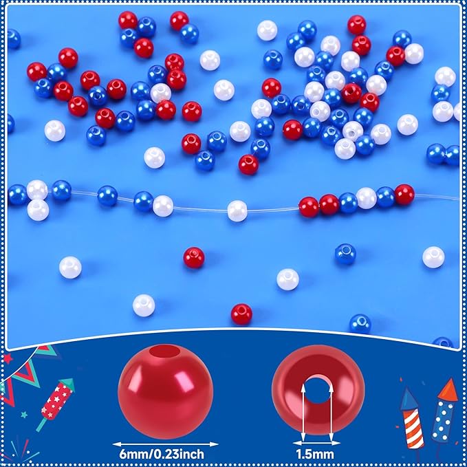 UPINS 1200Pcs Red White Blue Beads, 4th of July Patriotic Round 6mm Pearl Beads for Jewelry Making Independence Day Party Decoration Necklace Bracelets Earrings Hair Beads DIY Crafts Supplies
