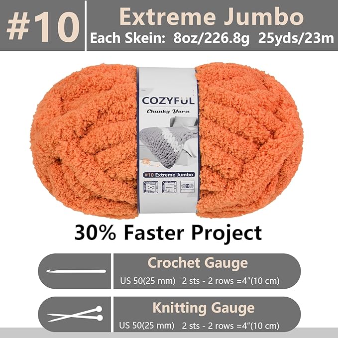 Chunky Yarn for Hand Knitting - #10 Chunky Chenille Yarn, Jumbo Big Thick Chunky Yarns for Crocheting, Super Bulky Chunky Knit Blanket Yarns, 8 Skein (25 yds 8 oz Each Skein), Pumpkin Orange
