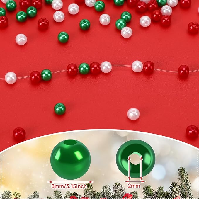 UPINS 1200Pcs Christmas Pearl Beads, Red Green White Round 8 mm Pearl Beads for Jewelry Making Xmas Holiday Party Decoration Necklace Bracelets Earrings Hair Beads DIY Ornament Kit