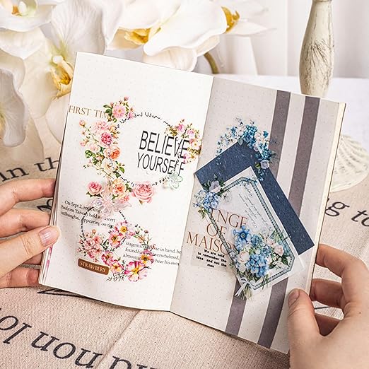 PET Tape Stickers for Journaling 6 Rolls Pre-Cut Flower Washi Tape Stickers Decorative Tape for Crafts Scrapbooking Junk Journal Supplies, Wreath of Letters