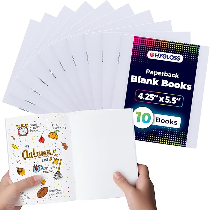 hygloss blank books - bulk 10 pack – 4.25" x 5.5" a6 white paperback blank books for kids to write stories, doodle, arts & crafts – plain drawing sketchbook, unlined journal, notebook without lines