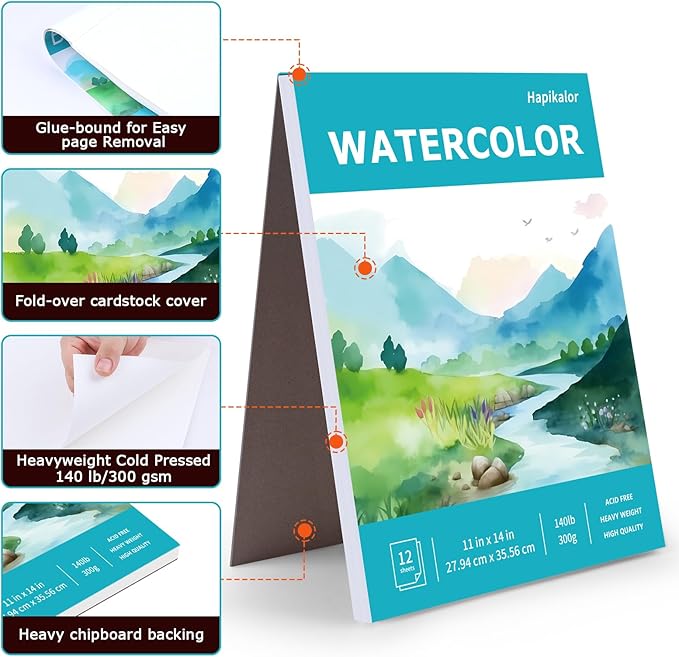 Hapikalor 11"x14" Watercolor Paper Pad, 2-Pack, 140lb/300gsm Artist Painting Drawing Paper Book, Art Supplies for Adults Kids, Watercolors, Watercolor Paint Set, Sketchbook, Journal, Teal