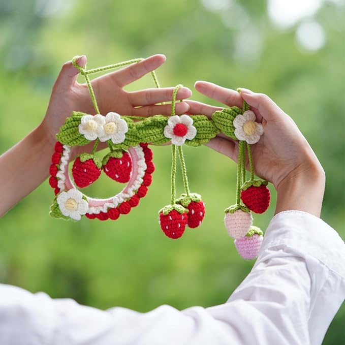 Crochet Kit for Beginners,Crochet Strawberry Ornaments,Plant Hanging Decorations with Step-by-Step Video Tutorials, 3 Pack Strawberry Decor