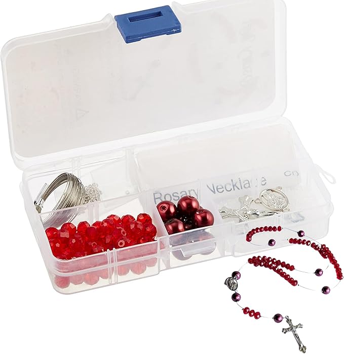 Linpeng Rosary Kit, Glass Beads Box, DIY Necklace Supplies, Catholic First Communion Gift for Kids, Dark Red, 1 kit