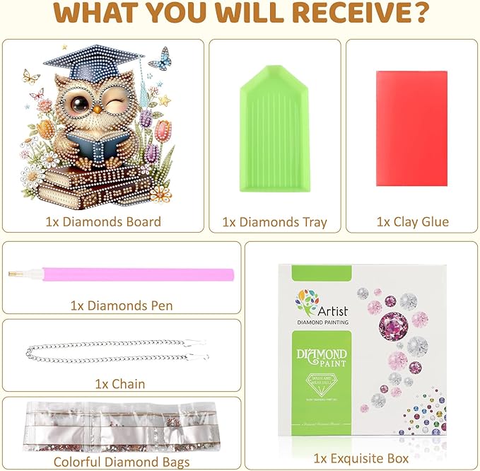 MEIYUDA Owl Diamond Art Hanging Kits for Adult, Book Owl Diamond Painting Hanging Kits Ornaments, DIY Special Shaped Rhinestone Window Pendants Kit for Home Garden Wall Decor Gift