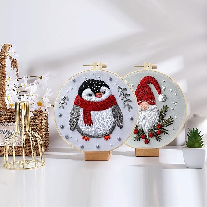LB Christmas Gnome Embroidery Kit for Beginners: 4-Piece Cross Stitch Set with Penguin, Deer, Green Plant & Fireplace | Adults DIY Starter Kit Includes Hoop, Threads, Tools and Instructions