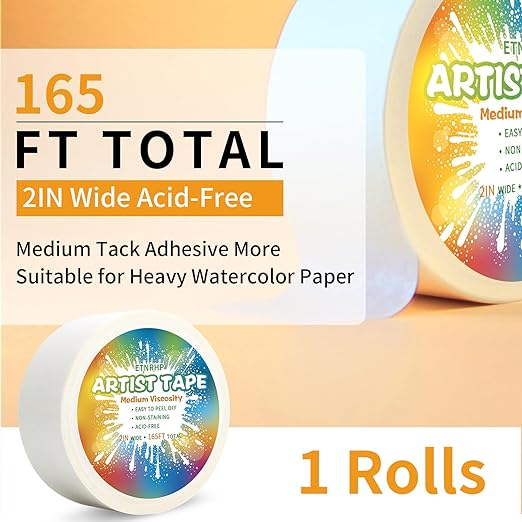 White Art Tape Medium Tack Artist Masking Tape Paper Acid Free Tape Watercolor Painters Tape Artists Tape for Drafting Art Watercolor Painting Canvas Framing, 2 inch Wide 165FT Long