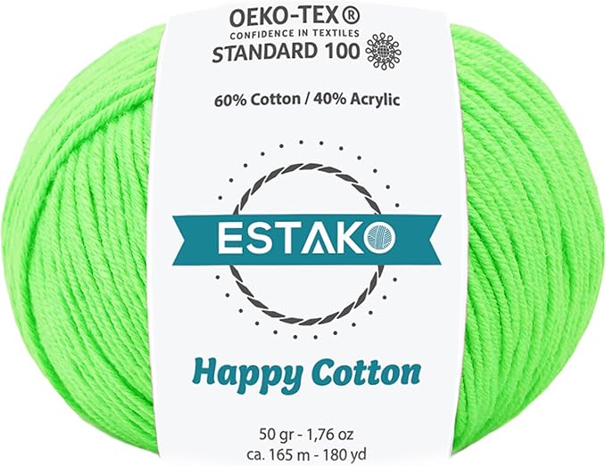 Estako Happy Cotton, 60% Cotton 40% Acrylic Yarn, Soft, Fine/Sport (2) for Crochet and Knitting 1.76 Oz (50g) / 180 Yrds (165m) (4950 - Pistachio)