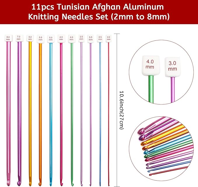 23 Pieces Tunisian Crochet Hooks Set, AHIER 12PCS Crochet Hooks 3-10mm and 11PCS Tunisian Afghan Aluminum Knitting Needles Set 2-8mm (Assorted Color) (Colorful)