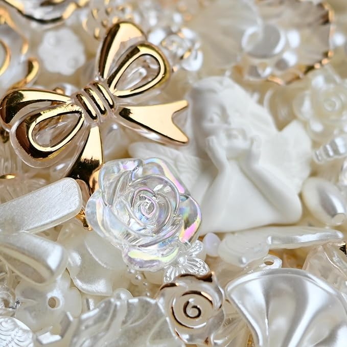 Baroque Pearl Beads for Junk Case Charms Kit,Assorted Aesthetic Y2K Beads with Holes, Vintage Relief Flower Bow Angel Charms for DIY Phone Charms, Bracelet Jewelry Making Decor Supplies, White & Gold