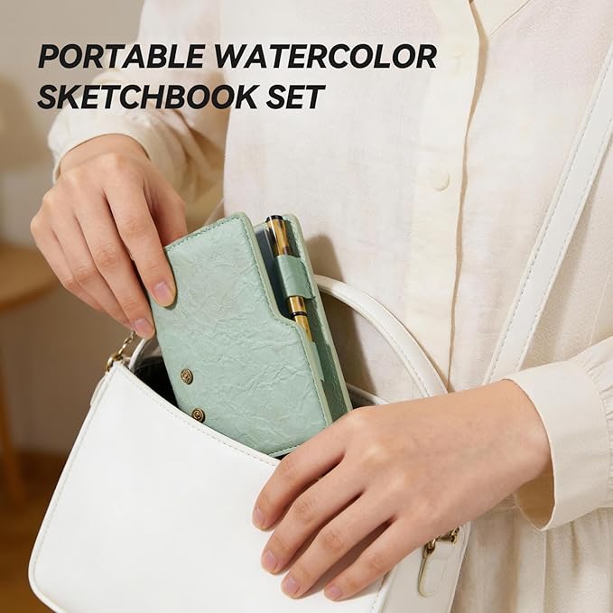 Portable Watercolor Sketchbook Set - 100% Cotton 5.1x3.0 Inch Hot Press 20 Sheets Binder Art Journal with 18-Well Ceramic Paint Palette & Travel Watercolor Brushes for Artists Outdoor Painting