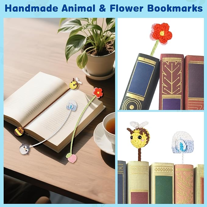 WaldyWop Crochet Kit for Beginners: 3 Animal & Flower Bookmarks Knitting Kits for Starter w/Easy Yarn, Crochet Hook&Easy Video Tutorials-Wobbles Crochet Animal Kit for Adults, Birthday Gifts for Women
