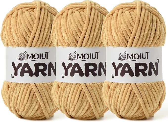 3 Pack Fluffy Chenille Yarn for Crocheting, Chunky Velvet Yarns for Crochet Amigurumi, Baby Yarn for Crocheting Soft Blanket, 262.4yds /10.5 oz Bulky Yarns for Crafts/Hats/Shoes/Socks (3 Khaki)