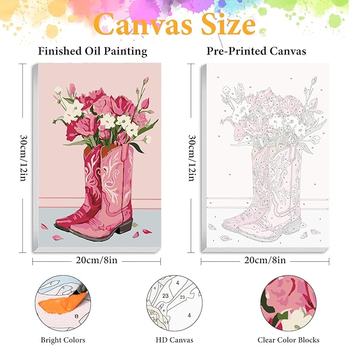 Framed Paint by Numbers Kit for Adults Beginner Pink Boot, Adult Paint by Number Kits on Canvas Framed Flower, DIY Acrylic Oil Painting by Numbers with Frame, Perfect for Home Decor Gift 8 X 12 Inch