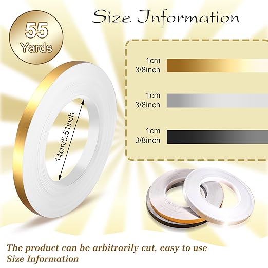 Nuanchu 3 Rolls Metalized Polyester Film Washi Tape 3/8'' W x 55 Yds L Decorative Metallic Washi Tape Gold Black Silver Mirror Wall Border Adhesive for Molding Trim DIY Graphic Art Decor Gifts