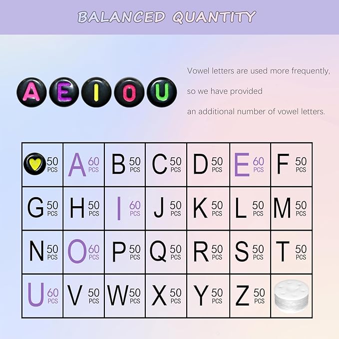 Amaney 1400pcs Colorful Letter Beads Round Alphabet A-Z Heart 4x7mm Black Acrylic Beads and Crystal Line for Jewelry Making