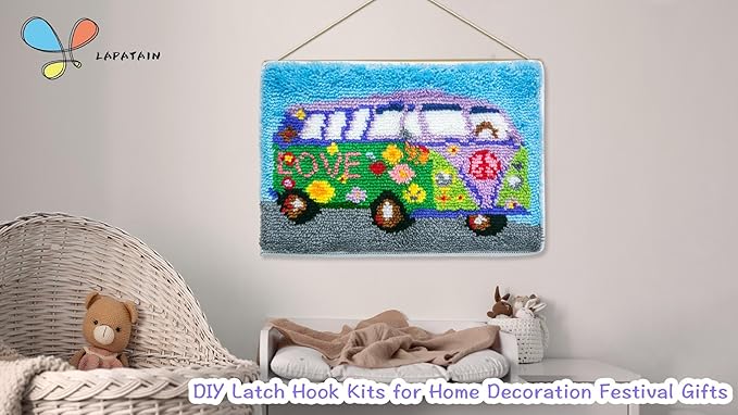 LAPATAIN Latch Hook Kits DIY Crochet Yarn Kits,Flower Car Carpet Embroidery Hook Rug Kit Needlework Sets Cushion for Adults Home Decor 20x15inch