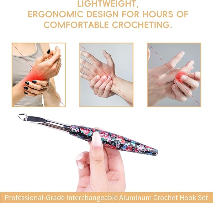 Weabetfu Interchangeable Crochet Hook Set Aluminum Inline Crochet Hooks Ergonomic Handle for Arthritic Hands for Beginner,12 Size 3mm-10mm