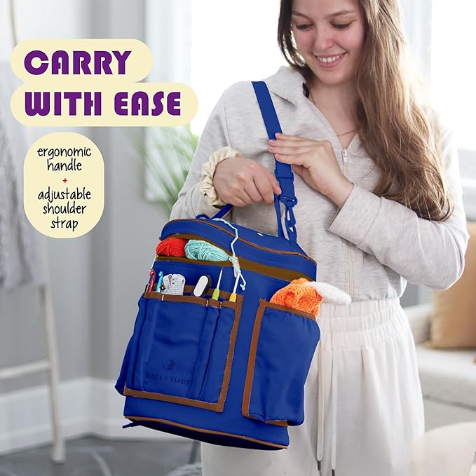 Hearth & Harbor Crochet Bag Organizer – Durable Knitting Bag, Yarn Organizer for Accessories and Supplies, Canvas Yarn Holder, Crochet Carrying Case with Accessories Pouch, Storage Organizer – Blue