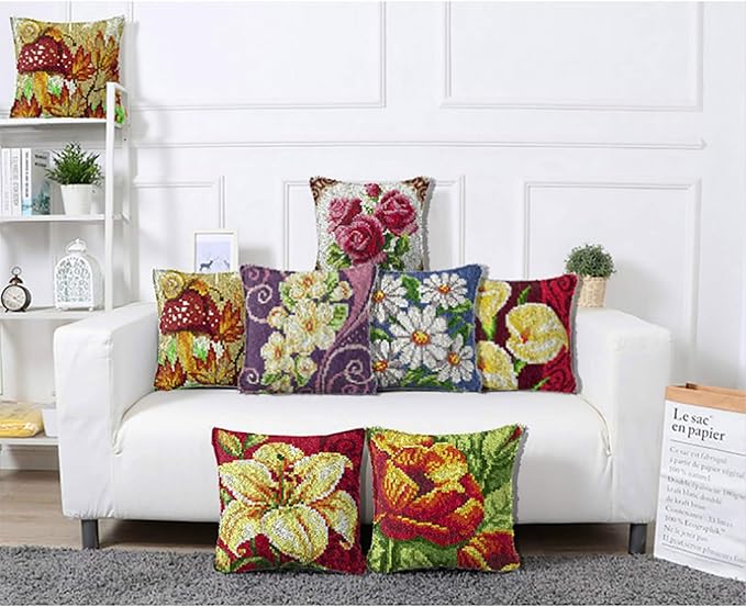 ZFFLYH Latch Hook Kit Pillow Cover DIY Sofa Cushion Making Crafts Kit Crocheting Embroidery with Pre-Printed Flower Pattern for Adult 17" X 17"