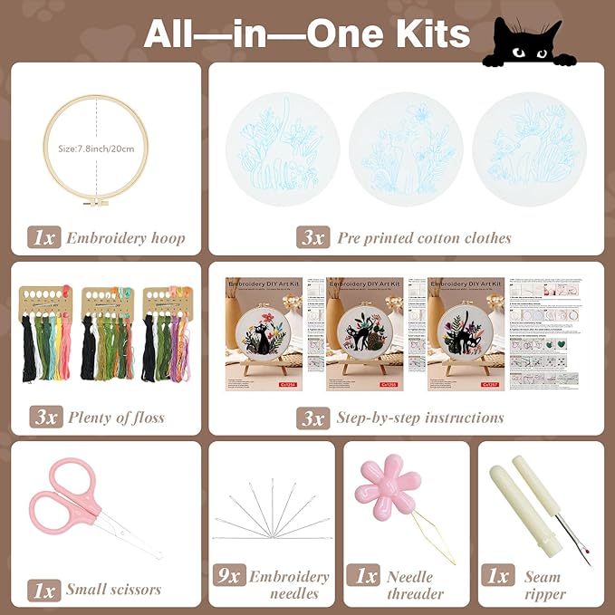 RIHYTFU 3 Pack Cat Embroidery Kits for Beginners, Adults Starter Cross Stitch Kit, Black Cat Flower Plants Patterns Hand Stamped Embroidery Kits, DIY Sewing Needlepoint