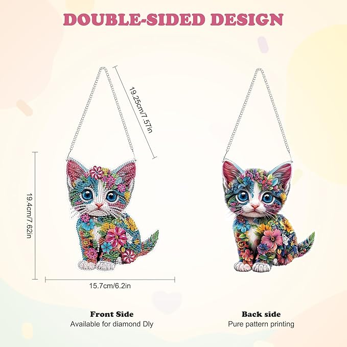 HEIBAGO DIY Hanging Diamond Art Kit Cat,Acrylic 5D Painting Window Pendants Flower,8.3 * 8.3 inch Double Sided Gem Art Ornament Kit,Diamond Art Ornament Kit for Home Wall Decor