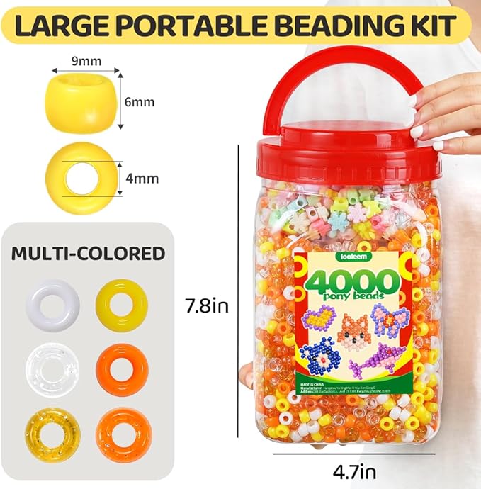 iooleem orange solid & glitter bulk pony beads - 4000pc kit for friendship bracelets & jewelry making, easy storage
