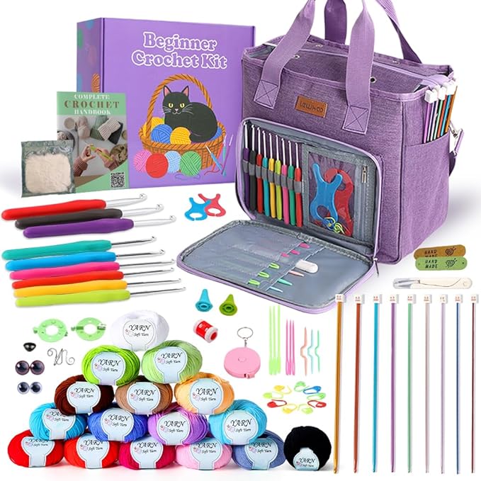 Lewhoo Crochet Kits for Beginner Adults, All Inclusive Crochet Set with 9 Size Crochet Hooks, Afghan Crochet Needles 2.0-6.0mm, 1136 Yards Yarn Skeins Balls,Knitting Kits Storage Organizer