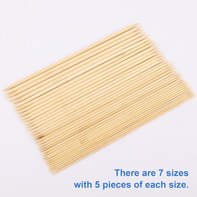 35pcs Bamboo Wooden Double Pointed Knitting Needles Set, 7 Sizes 2.0mm to 5.0mm Straight Knitting Needles Kit for Beginners Making Sweater Scarf Sock Weave