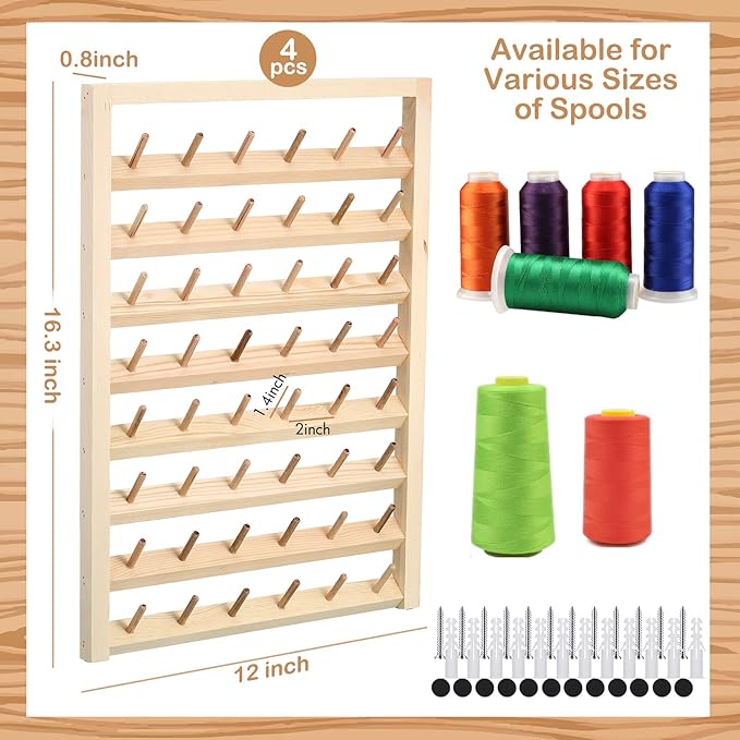 4 Pieces 48 Spool Wooden Thread Holder Wall Mounted Thread Rack with Hanging Hooks Organizer for Mini Sewing Quilting Jewelry Embroidery