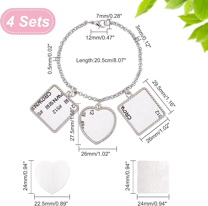 PH PandaHall 4 Sets Sublimation Bracelets Blanks Heat Transfer Bracelet Tray Heart Photo Bezel Square Craft Bezel Setting Blank for Mother's Day Friendship Bracelet Sweet Birthday Wedding Gift