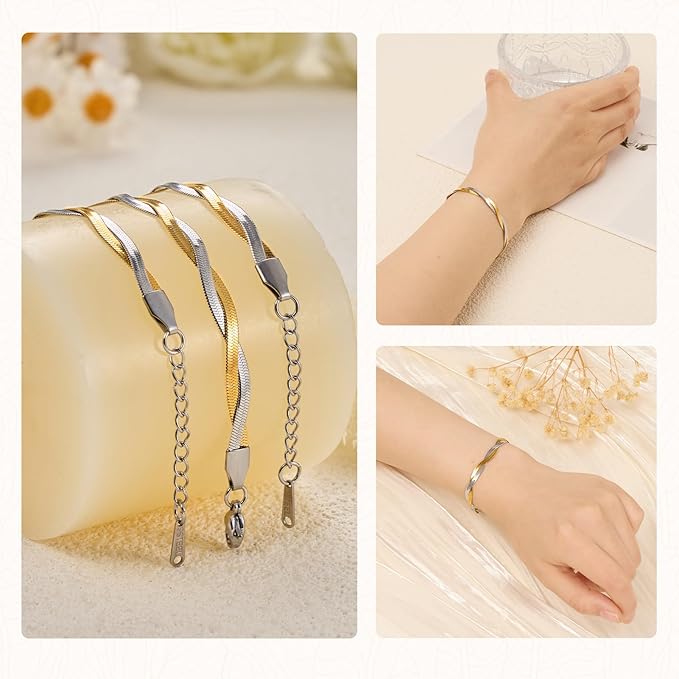 KYUNHOO 6.7 Inches Gold and Silver Twisted Bracelet Chain Set 10 PCS Stainless Steel Herringbone Snake Chains for Bracelets Making with Lobster Clasps and Adjustable Extender