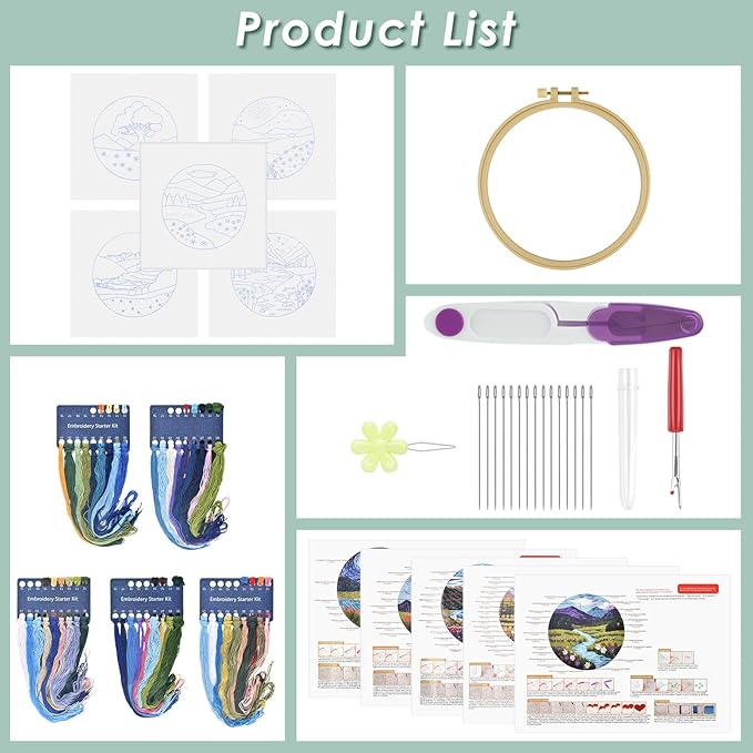 ERKOON 5 Sets Embroidery Kit for Beginners, Butterfly Cross Stitch Set for Include Embroidery Cloth Hoops Threads for Craft Lover Hand Stitch (Landscapes)